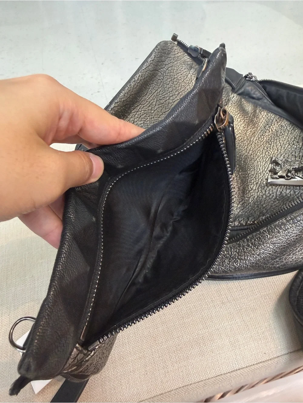 MCM Metallic Black Textured Backpack with pouch